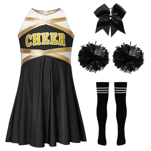 Yruioon Kinder Cheer Leader Kostüm Mädchen Cheerleading Kleid mit Pompoms Socken Haarband Cheer Outfits Halloween Karneval Fasching Partykleid A Schwarz&Weiß 110-116 von Yruioon