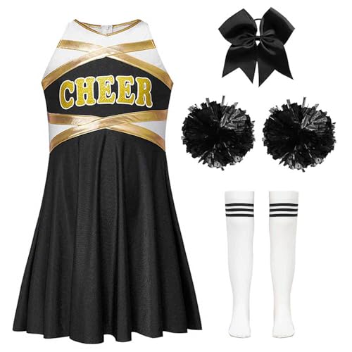 Yruioon Kinder Cheer Leader Kostüm Mädchen Cheerleading Kleid mit Pompoms Socken Haarband Cheer Outfits Halloween Karneval Fasching Partykleid A Weiß&Schwarz 158-164 von Yruioon