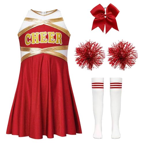 Yruioon Kinder Cheer Leader Kostüm Mädchen Cheerleading Kleid mit Pompoms Socken Haarband Cheer Outfits Halloween Karneval Fasching Partykleid B Rot 110-116 von Yruioon