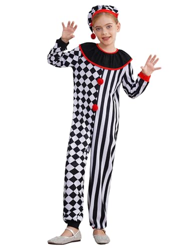 Yruioon Kinder Clown Kostüm Mädchen Jungen Clown Anzug Kariert Jumpsuit Overall mit Mütze Zirkus Kosüm Halloween Karneval Fasching Schwarz 98-104 von Yruioon