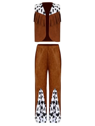 Yruioon Kinder Cowboy Cowgirl Kostüm Jungen Mädchen Wildleder Fransen Weste Jacke mit Schlaghose Halloween Karneval Fasching Mottoparty Braun 134-140 von Yruioon