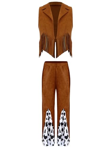 Yruioon Kinder Cowboy Kleidung Jungen Mädchen Fransen Weste + Schlaghose Wild Western Cowboy Outfits Halloween Kanreval Fasching Mottoparty Braun 110-116 von Yruioon