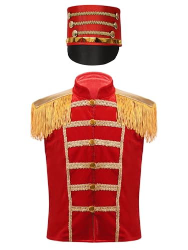 Yruioon Kinder Jungen Mädchen Zirkus Kostüm Samt Weste Jacke mit Hut Zirkusdirektor Uniform Ringmaster Outfits Weihnachten Karneval Fasching Stil C Rot 98-104 von Yruioon