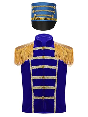 Yruioon Kinder Jungen Mädchen Zirkus Kostüm Samt Weste Jacke mit Hut Zirkusdirektor Uniform Ringmaster Outfits Weihnachten Karneval Fasching Stil C Royal Blau 170-176 von Yruioon