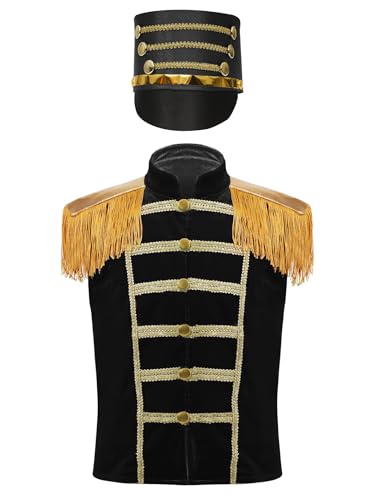 Yruioon Kinder Jungen Mädchen Zirkus Kostüm Samt Weste Jacke mit Hut Zirkusdirektor Uniform Ringmaster Outfits Weihnachten Karneval Fasching Stil C Schwarz 146-152 von Yruioon