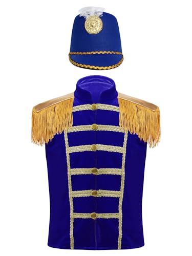 Yruioon Kinder Jungen Mädchen Zirkus Kostüm Samt Weste Jacke mit Hut Zirkusdirektor Uniform Ringmaster Outfits Weihnachten Karneval Fasching Stil D Blau 158-164 von Yruioon