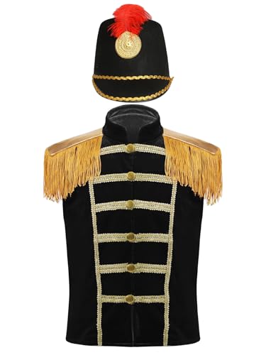 Yruioon Kinder Jungen Mädchen Zirkus Kostüm Samt Weste Jacke mit Hut Zirkusdirektor Uniform Ringmaster Outfits Weihnachten Karneval Fasching Stil D Schwarz 146-152 von Yruioon