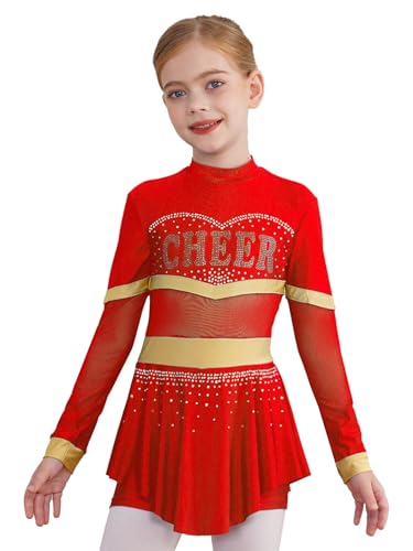 Yruioon Kinder Mädchen Cheer Leader Kleid Glitzer Tanzkleid Mesh Patchwork Langarm Cheerleading Kleid Halloween Karneval Fasching Kostüm Rot 134-140 von Yruioon