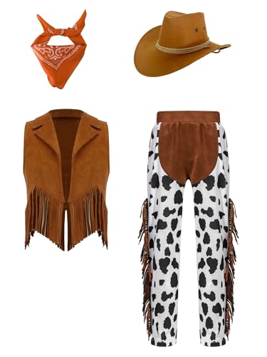 Yruioon Kinder Mädchen Cowgirl Kostüm Fransen Weste + Hose + Cowboyhut + Bandana Cowgirl Cowboy Kleidung Cosplay Karneval Fasching Mottoparty Orange 134-140 von Yruioon