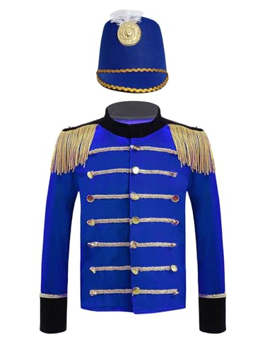 Yruioon Kinder Zirkus Kostüm Langarm Zirkus Jacke Mantel + Hut Zirkusdirektor Uniform Für Jungen Mädchen Karneval Fasching Show Tanzkostüm Royal Blau 146-152 von Yruioon