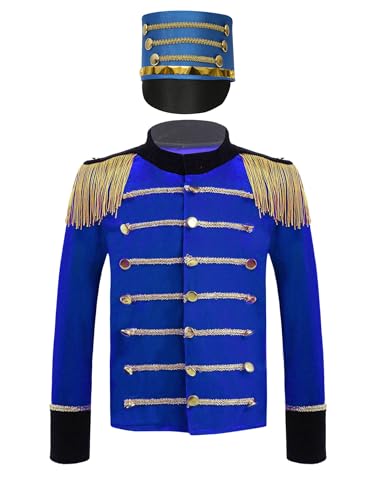 Yruioon Kinder Zirkus Kostüm Zirkusdirektor Uniform Langarm Jacke Mantel + Hut Für Jungen Mädchen Halloween Karneval Fasching Show Tanzkostüm Royal Blau 110-116 von Yruioon