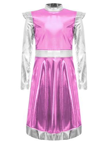 Yruioon Mädchen Alien Kleid Metallic Kleid Langarm Faltenkleid Show Tanzkleid Astronaut Kostüm Halloween Karneval Fasching Partykleid Rosa 110-116 von Yruioon