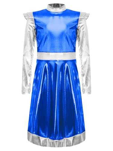 Yruioon Mädchen Alien Kleid Metallic Kleid Langarm Faltenkleid Show Tanzkleid Astronaut Kostüm Halloween Karneval Fasching Partykleid Royal Blau 170-176 von Yruioon