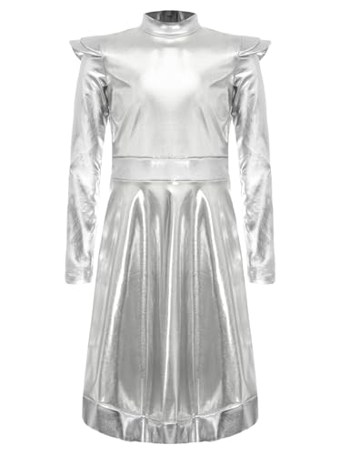 Yruioon Mädchen Alien Kleid Metallic Kleid Langarm Faltenkleid Show Tanzkleid Astronaut Kostüm Halloween Karneval Fasching Partykleid Silber 110-116 von Yruioon