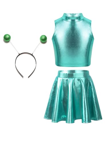 Yruioon Mädchen Alien Kostüm Set Space Girl Kleid Metallic Crop Top Oberteile mit Minirock Haarreif Alien Outfit Karneval Fasching Partykleid Blau See 170-176 von Yruioon