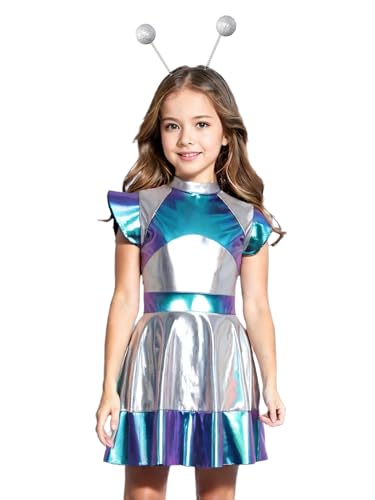 Yruioon Mädchen Alien Kostüm Space Girl Kleid mit Haarreif Glänzend Metallic Kleid Weltall Astronauten Kostüm Halloween Karneval Fasching Party Outfits Blau 122-128 von Yruioon