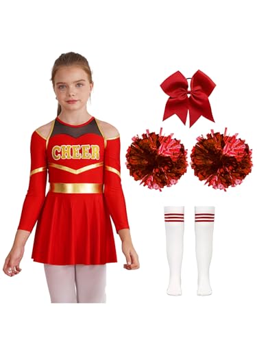 Yruioon Mädchen Cheer Leader Cheerleading Kostüm Cheerleading Uniform Langarm Kleid mit Pompoms Socken Tanzkleid Halloween Karneval Fasching Tanzkostüm Aa Rot 158-164 von Yruioon