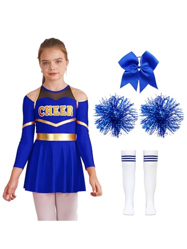 Yruioon Mädchen Cheer Leader Cheerleading Kostüm Cheerleading Uniform Langarm Kleid mit Pompoms Socken Tanzkleid Halloween Karneval Fasching Tanzkostüm B Blau 146-152 von Yruioon