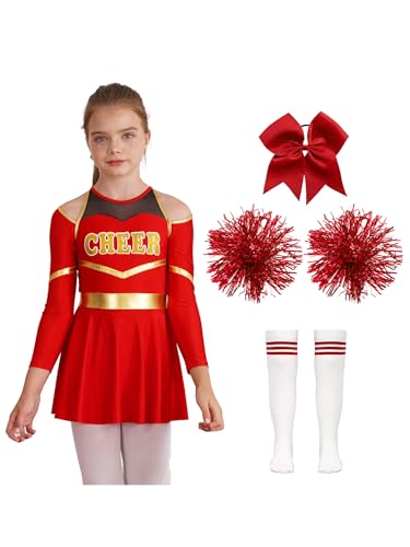 Yruioon Mädchen Cheer Leader Cheerleading Kostüm Cheerleading Uniform Langarm Kleid mit Pompoms Socken Tanzkleid Halloween Karneval Fasching Tanzkostüm B Rot 134-140 von Yruioon