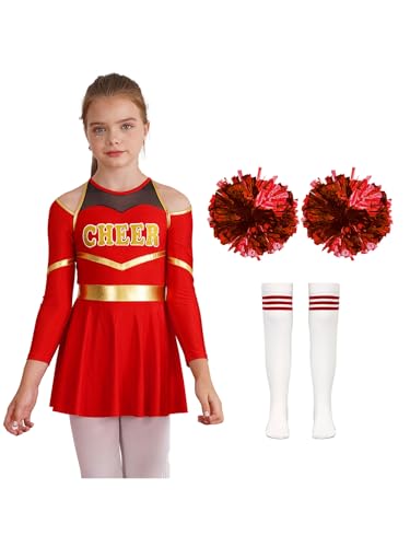 Yruioon Mädchen Cheer Leader Cheerleading Kostüm Cheerleading Uniform Langarm Kleid mit Pompoms Socken Tanzkleid Halloween Karneval Fasching Tanzkostüm C Rot 158-164 von Yruioon