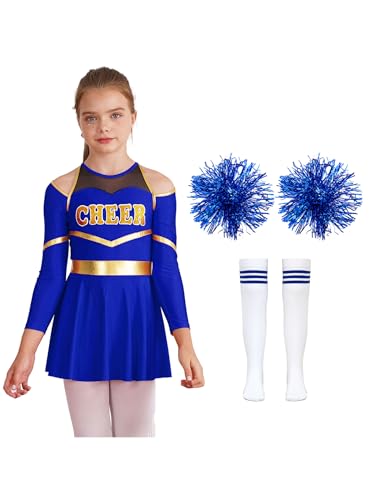 Yruioon Mädchen Cheer Leader Cheerleading Kostüm Cheerleading Uniform Langarm Kleid mit Pompoms Socken Tanzkleid Halloween Karneval Fasching Tanzkostüm Ca Royal Blau 110-116 von Yruioon