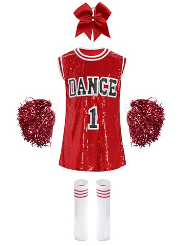 Yruioon Mädchen Cheer Leader Kostüm Pailletten Tanzkleid mit Pompoms Socken Haarband Kinder Cheerleading Uniform Karneval Fasching Tanzkostüm Rot 122-128 von Yruioon