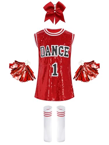 Yruioon Mädchen Cheer Leader Kostüm Pailletten Tanzkleid mit Pompoms Socken Haarband Kinder Cheerleading Uniform Karneval Fasching Tanzkostüm Rot&Weiß 146-152 von Yruioon