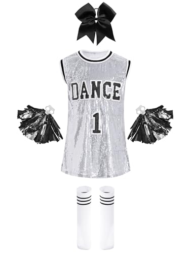 Yruioon Mädchen Cheer Leader Kostüm Pailletten Tanzkleid mit Pompoms Socken Haarband Kinder Cheerleading Uniform Karneval Fasching Tanzkostüm Silber 170-176 von Yruioon