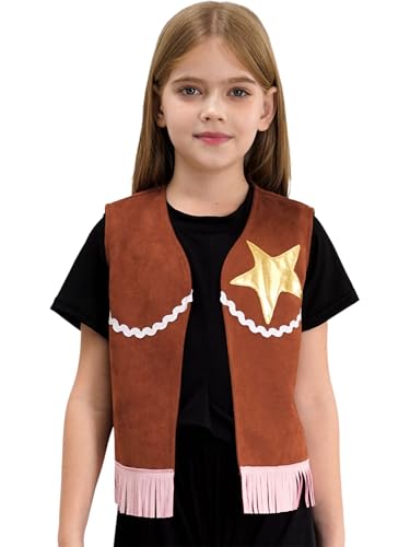 Yruioon Mädchen Cowgirl Cowboy Kostüm Cowgirl Weste mit Fransen Western Weste Jacke Halloween Karneval Fasching Mottoparty Verkleidung Braun 134-140 von Yruioon