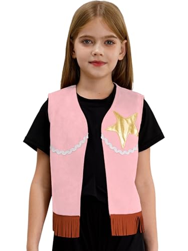 Yruioon Mädchen Cowgirl Cowboy Kostüm Cowgirl Weste mit Fransen Western Weste Jacke Halloween Karneval Fasching Mottoparty Verkleidung Rosa 110-116 von Yruioon