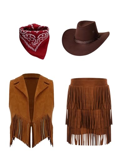 Yruioon Mädchen Cowgirl Kostüm Wildleder Weste Fransenjacke + Quasten Rock + Hut + Halstuch Western Cowboy Cowgirl Outfit Braun 122-128 von Yruioon