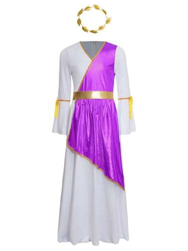 Yruioon Mädchen Griechische Göttin Kleid Antike Römische Kleid mit Lorbeerkranz Langarm Prinzessin Kleid Halloween Karneval Fasching Partykleid Lila 158-164 von Yruioon