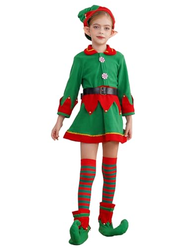 Yruioon Mädchen Weihnachten Kleid Weihnachtself Kostüm mit Mütze Elfenohren Schuhe Socken Kinder Elfen Kleid Weihnachtskleid Weihnachtsoutfit Grün 110-116 von Yruioon