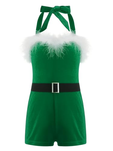 Yruioon Mädchen Weihnachten Kostüm Weihnachtsmann Kostüm Weihnachten Body Overall mit Gürtel Kurz Jumpsuit Santa Claus Kostüm Weihnachtsoutfits Grün 122-128 von Yruioon