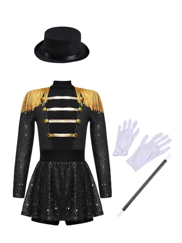 Yruioon Mädchen Zirkus Kleid Zirkusdirektor Uniform mit Mütze Handschuhe Zauberstab Glitzer Kleid Tanzkleid Halloween Karneval Fasching Verkleidung Schwarz 122-128 von Yruioon