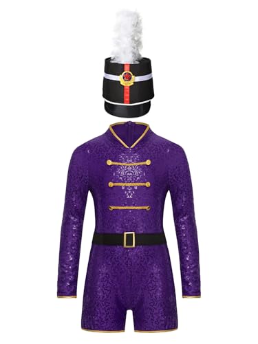 Yruioon Mädchen Zirkus Kostüm Zirkusdirektor Uniform Pailletten Body Overall mit Mütze Halloween Karneval Fasching Verkleidung Lila 122-128 von Yruioon