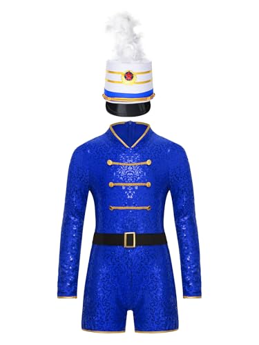 Yruioon Mädchen Zirkus Kostüm Zirkusdirektor Uniform Pailletten Body Overall mit Mütze Halloween Karneval Fasching Verkleidung Royal Blau 110-116 von Yruioon