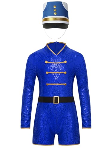 Yruioon Mädchen Zirkus Kostüm Zirkusdirektor Uniform mit Hut Glitzer Tanzkleid Ringmaster Outfit Halloween Karneval Fasching Verkleidung Blau A 122-128 von Yruioon