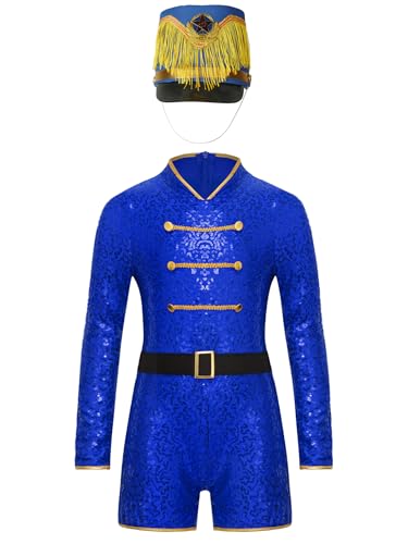 Yruioon Mädchen Zirkus Kostüm Zirkusdirektor Uniform mit Hut Glitzer Tanzkleid Ringmaster Outfit Halloween Karneval Fasching Verkleidung Blau B 110-116 von Yruioon