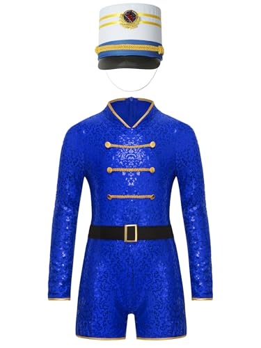 Yruioon Mädchen Zirkus Kostüm Zirkusdirektor Uniform mit Hut Glitzer Tanzkleid Ringmaster Outfit Halloween Karneval Fasching Verkleidung Blau C 110-116 von Yruioon