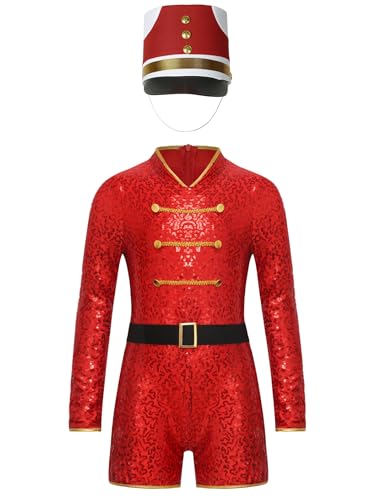 Yruioon Mädchen Zirkus Kostüm Zirkusdirektor Uniform mit Hut Glitzer Tanzkleid Ringmaster Outfit Halloween Karneval Fasching Verkleidung Rot A 158-164 von Yruioon