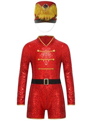 Yruioon Mädchen Zirkus Kostüm Zirkusdirektor Uniform mit Hut Glitzer Tanzkleid Ringmaster Outfit Halloween Karneval Fasching Verkleidung Rot C 122-128 von Yruioon