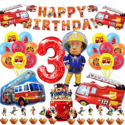 Yskmefun Feuerwehr Geburtstag Deko 3 Jahre, Feuerwehr Kindergeburtstag 3 Jahre, Feuerwehrmann Sam Deko Geburtstag, Feuerwehrauto Themed Dekoration, Happy Birthday Deko für Feuerwehr Party von Yskmefun