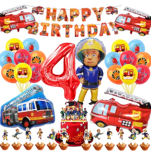 Yskmefun Feuerwehr Deko Kindergeburtstag, Feuerwehr Luftballons 4 Jahre, Feuerwehrmann Sam Deko Geburtstag, Feuerwehrauto Themed Dekoration, Happy Birthday Deko für Feuerwehr Party von Yskmefun