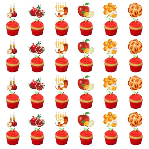 Cupcake-Aufsätze mit Rosh Hashana, Shana Tova Shofar Honig, Apfel, Granatapfel, Cupcake-Picks für jüdische Neujahrsparty, Kuchendekorationen, 24 Stück von Ysqool