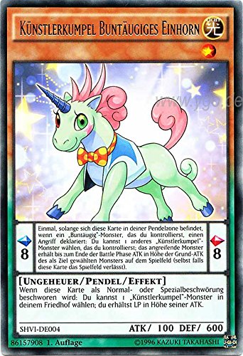 SHVI-DE004 Künstlerkumpel Buntäugiges Einhorn 1. Auflage im Set mit original Gwindi Kartenschutzhülle von Yu-Gi-Oh!