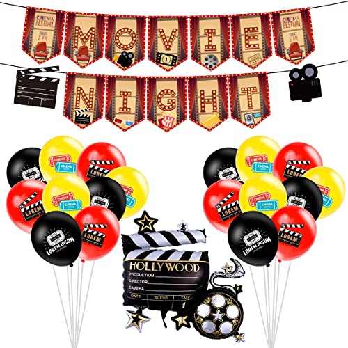 YuChiSX Filmnacht Ballon Dekorationen,Runder Folien Balloons,Latexballons mit Band Movie Night Filzbanner KuchenToppe,für Kino Film Thema Party Baby Shower Party Dekorationen von YuChiSX