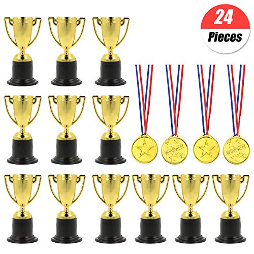 YuChiSX 24 Stück Trophäen Medaillen Set,12 Stücke Gewinner Medaillen Gold Kunststoff und 12 Stücke Gewinner Medaillen für Kinder als Mitgebsel und Preis beim Kindergeburtstag von YuChiSX