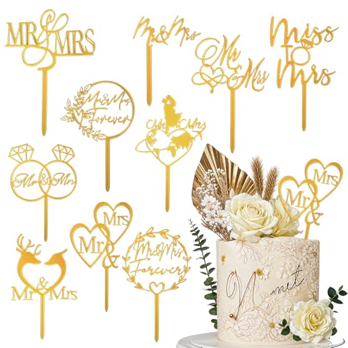 Yuanchu 10 Stück Acryl Hochzeit Torten Topper,9 Stile Mr and Mrs Cake Topper Gold Hochzeit Tortenstecker Kuchen Aufsatz Cupcake Glitter Deko für Hochzeit Engagement Hochzeitsfeier Geburtstagsfeier von Yuanchu