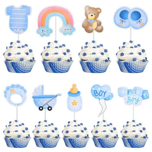 Yuanchu 36 Stück Cupcake Topper Baby,Babyparty Tortendeko Taufe Tortendeko Baby Shower Tortendeko Gender Reveal Party Deko für Taufe Deko Baby Shower Babyparty(Junge) von Yuanchu